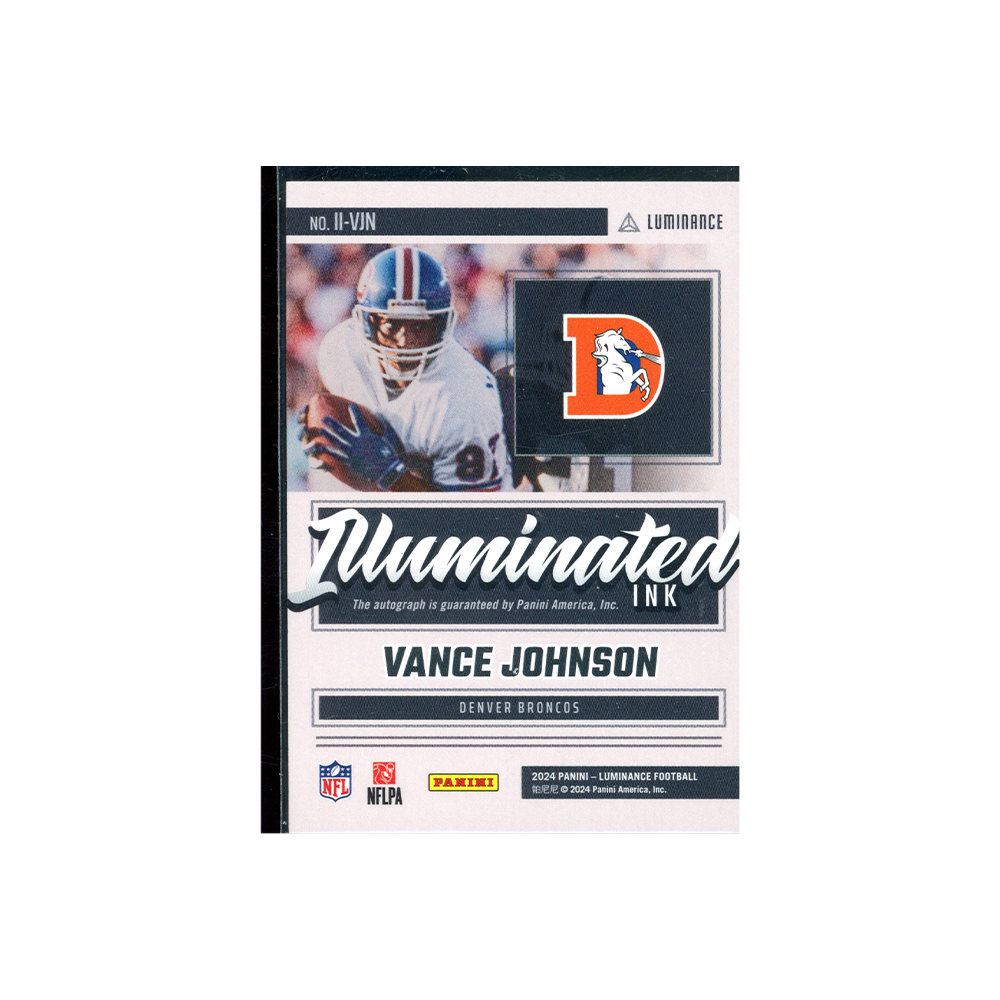 Vance Johnson 2024 Panini Luminance Football Illuminated Ink Auto /100