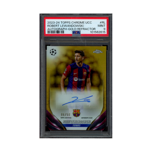 Robert Lewandowski 2023-24 Topps Chrome UCC Auto Gold Refractor /50 PSA 9