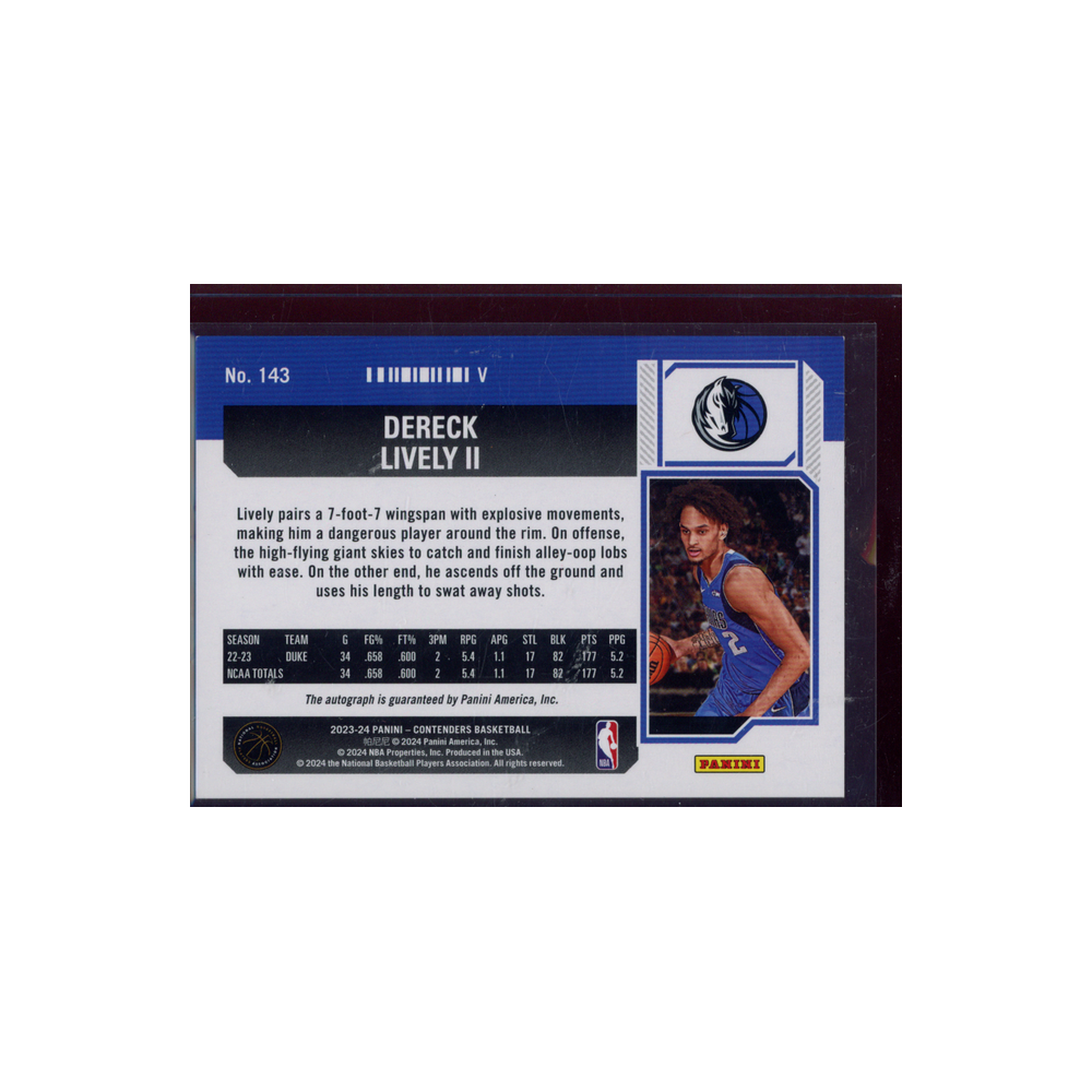 Dereck Lively II 2023-24 Panini Contenders Basketball Rookie Variation Finals Ticket Auto /49