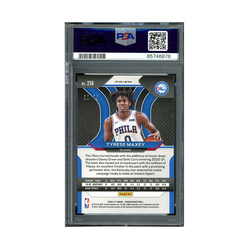 Tyrese Maxey 2020-21 Panini Prizm Basketball Fast Break Purple Prizm Rookie /75 PSA 9