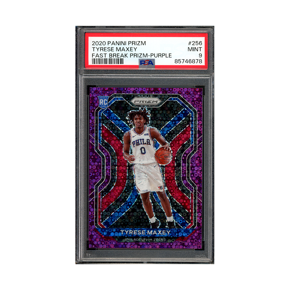 Tyrese Maxey 2020-21 Panini Prizm Basketball Fast Break Purple Prizm Rookie /75 PSA 9