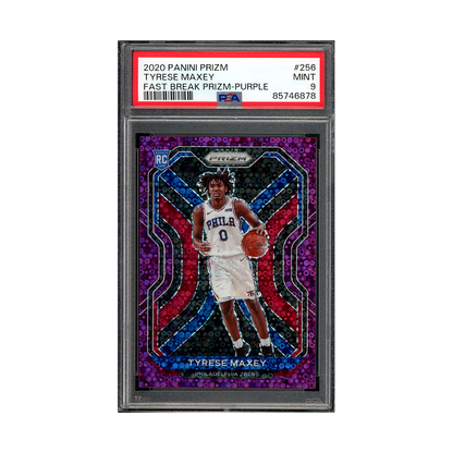 Tyrese Maxey 2020-21 Panini Prizm Basketball Fast Break Purple Prizm Rookie /75 PSA 9