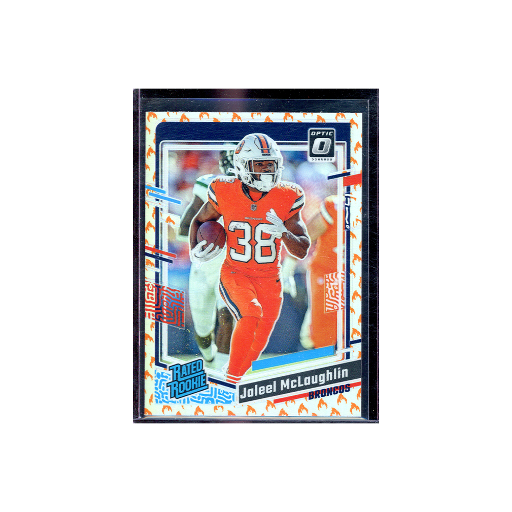 Jaleel McLaughlin 2023 Panini Donrus Optic Football Rated Rookie Fire Emoji