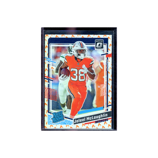 Jaleel McLaughlin 2023 Panini Donrus Optic Football Rated Rookie Fire Emoji