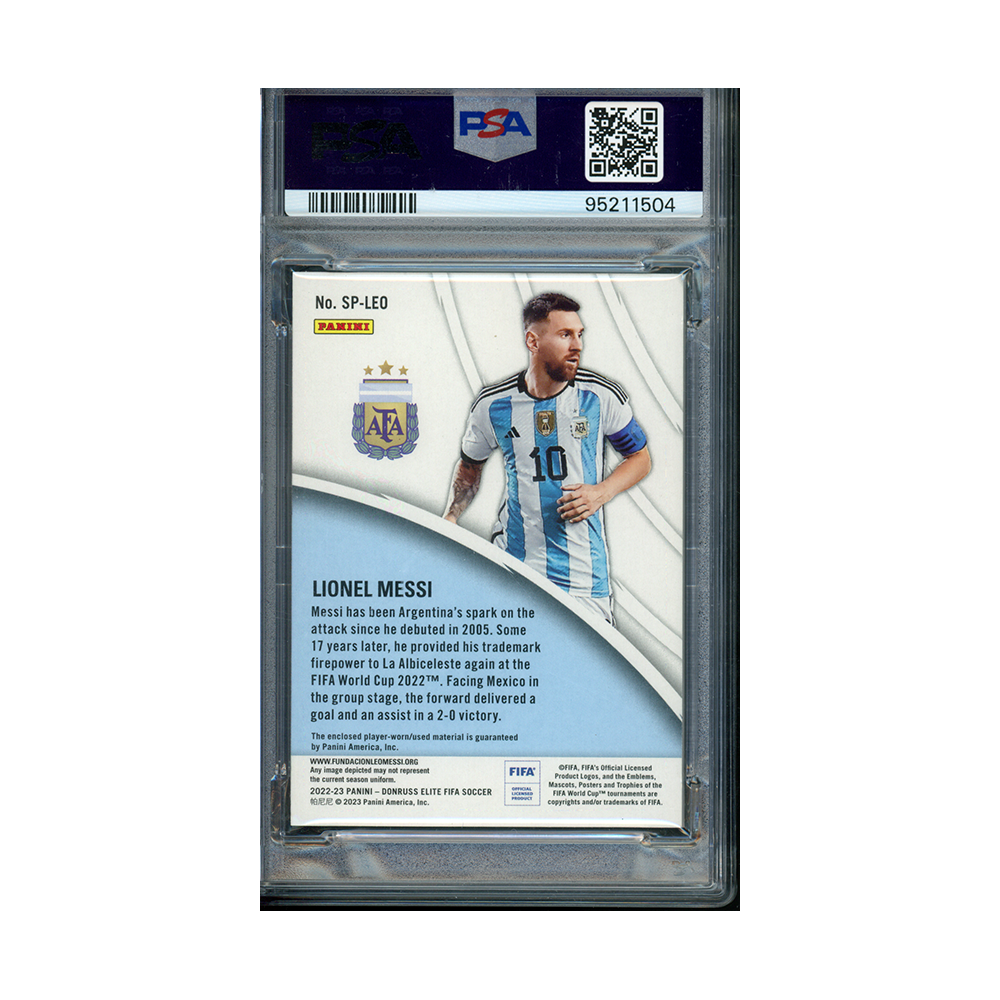 Lionel Messi 2022-23 Donruss Elite Fifa Sparke Plugs Relic Patch Gold /10 PSA 9