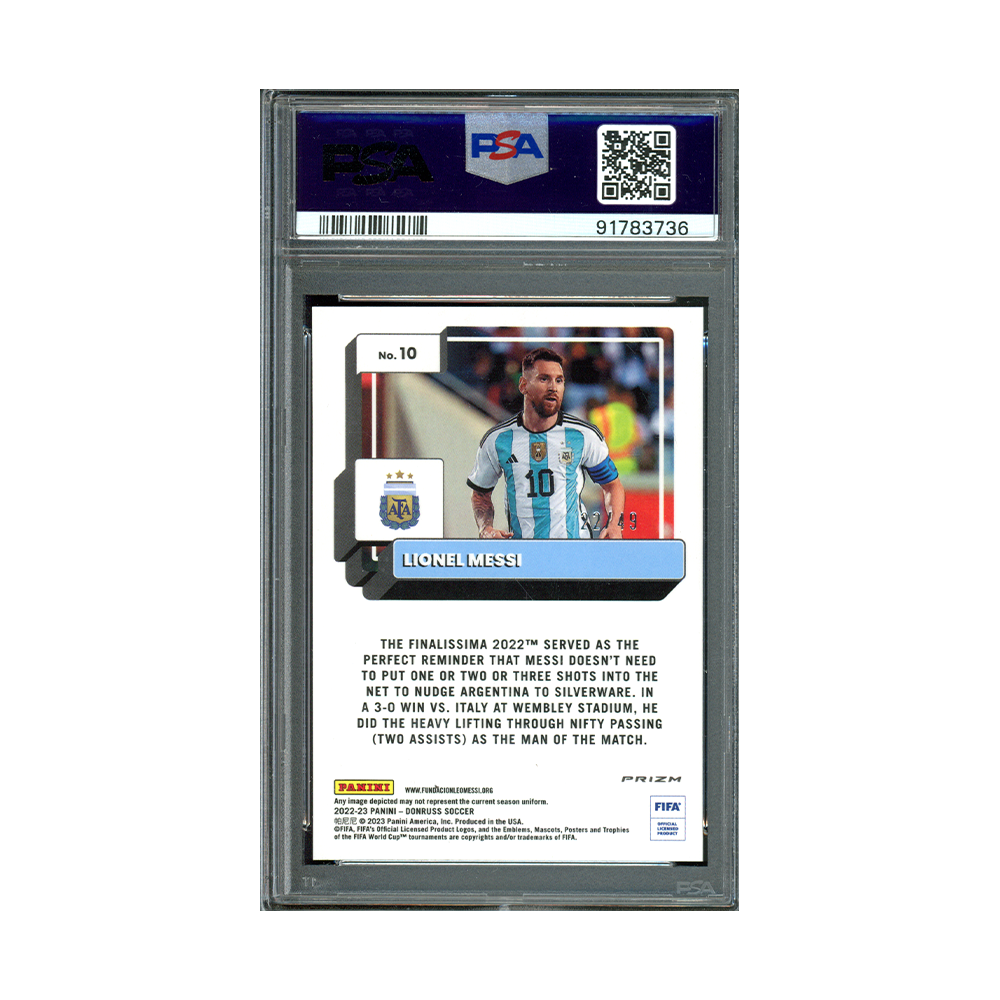 Lionel Messi 2022-23 Donruss Fifa Optic Teal Mojo /49 PSA 9