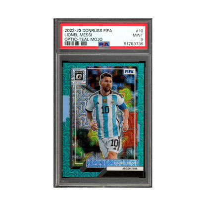 Lionel Messi 2022-23 Donruss Fifa Optic Teal Mojo /49 PSA 9