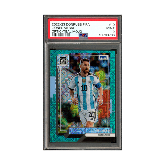 Lionel Messi 2022-23 Donruss Fifa Optic Teal Mojo /49 PSA 9