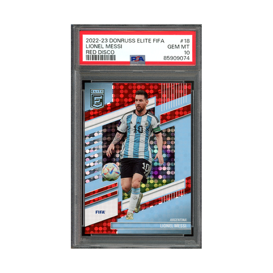 Lionel Messi 2022-23 Donruss Elite Fifa Red Disco PSA 10