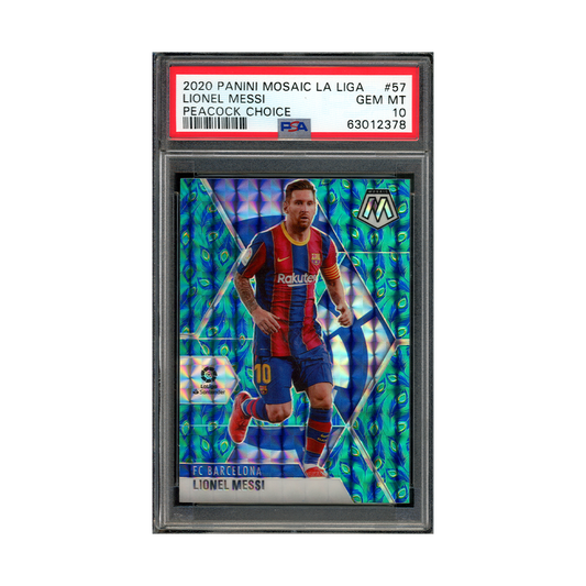 Lionel Messi 2020 Panini Mosaic La Liga Peacock Choice PSA 10