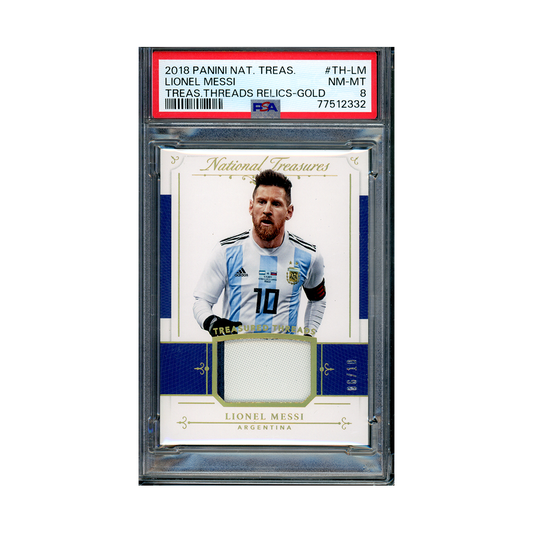 Lionel Messi 2018 Panini National Treasures Treasured Threads Relics Patch Gold /10 PSA 8