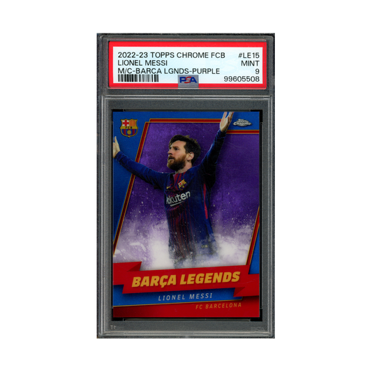 Lionel Messi 2022-23 Topps Chrome FC Barcelona Barca Legends Purple /15 PSA 9