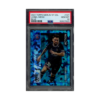 Lionel Messi 2021 Topps Merlin 97 UCL Action Blue /49 PSA 10