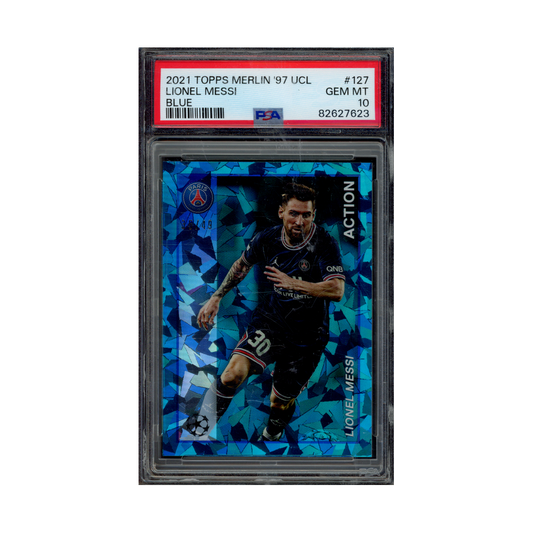 Lionel Messi 2021 Topps Merlin 97 UCL Action Blue /49 PSA 10