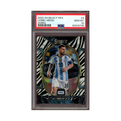 Lionel Messi 2022-23 Panini Select Fifa Zebra /25 PSA 10