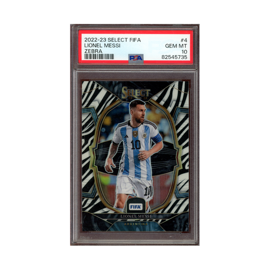 Lionel Messi 2022-23 Panini Select Fifa Zebra /25 PSA 10
