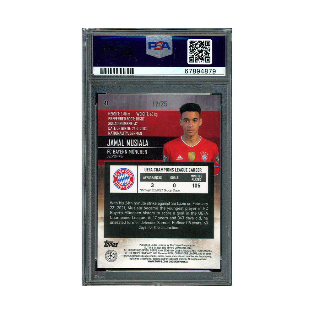 Jamal Musiala 2020-21 Stadium Club Chrome UCL Orange Refractor Rookie /25 PSA 10