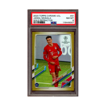 Jamal Musiala 2020 Topps Chrome UCL Gold Refractor Rookie /50 PSA 8