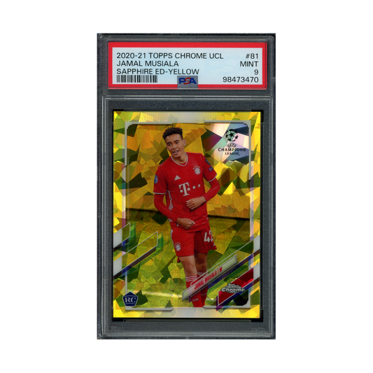 Jamal Musiala 2020-21 Topps Chrome UCL Sapphire Yellow Rookie /99 PSA 9