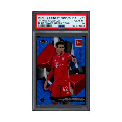 Jamal Musiala 2020-21 Topps Finest Bundesliga Blue Wave Refractor Rookie /150 PSA 10
