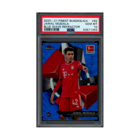Jamal Musiala 2020-21 Topps Finest Bundesliga Blue Wave Refractor Rookie /150 PSA 10