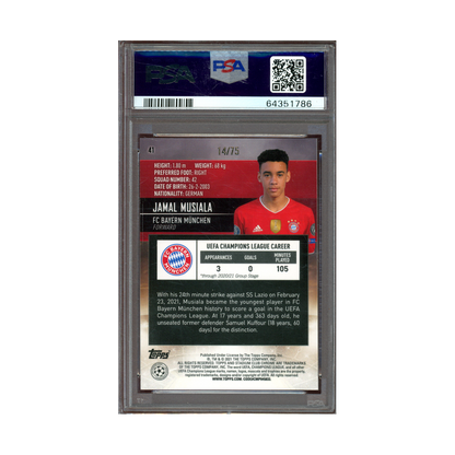 Jamal Musiala 2020-21 Stadium Club Chrome UCL Green Yellow Electric Refractor Rookie /75 PSA 10