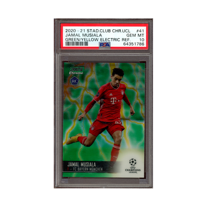 Jamal Musiala 2020-21 Stadium Club Chrome UCL Green Yellow Electric Refractor Rookie /75 PSA 10