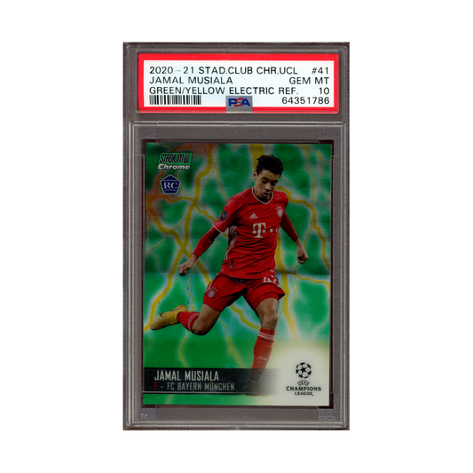 Jamal Musiala 2020-21 Stadium Club Chrome UCL Green Yellow Electric Refractor Rookie /75 PSA 10