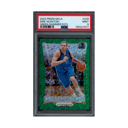Dirk Nowitzki 2023 Panini Prizm Deca Basketball Green Shimmer Fotl /12 PSA 9