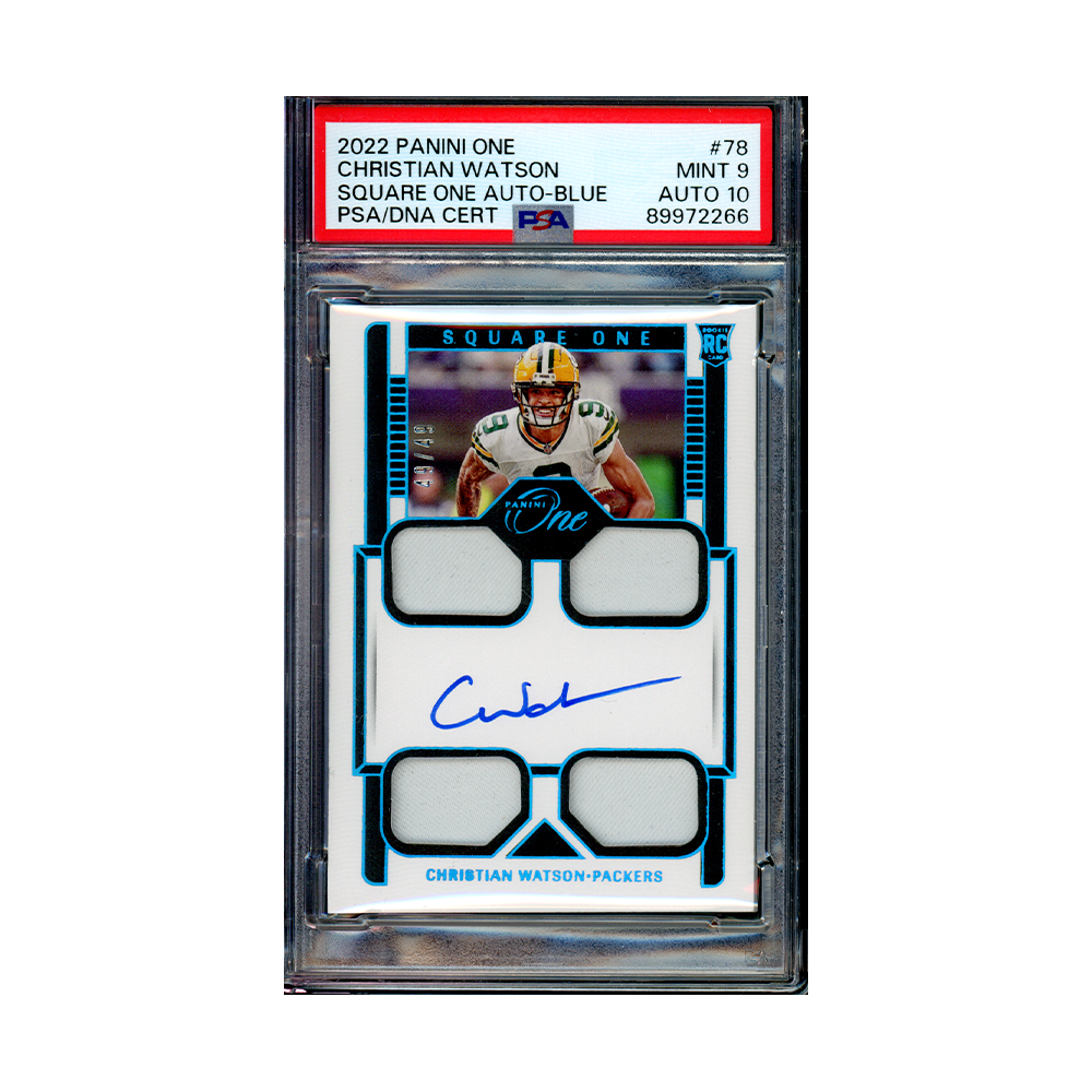 Christian Watson 2022 Panini One Football RPA Blue /49 PSA 9/10