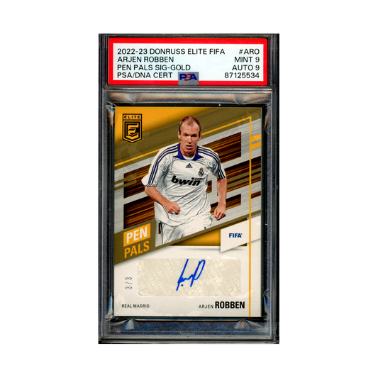 Arjen Robben 2022-23 Panini Donruss Elite FIFA Pen Pals Signature Gold /3 PSA 9/Auto9