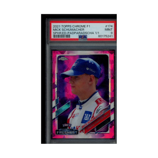 Mick Schumacher 2021 Topps Chrome F1 Sapphire Edition SP Padparadscha 1/1 PSA 9