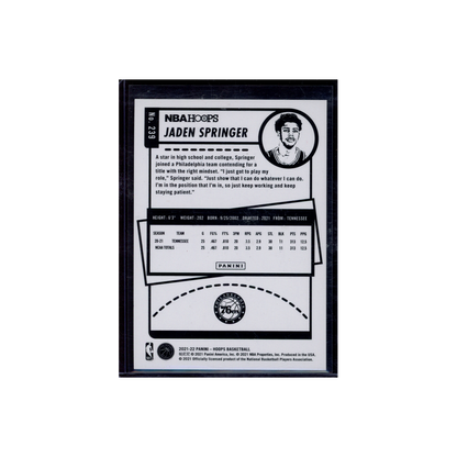 Jaden Springer 2021-22 Panini Hoops Basketball Rookie Gold /10