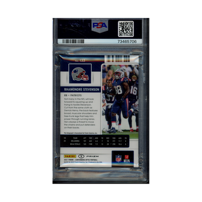 Rhamondre Stevenson 2021 Panini Contenders Optic Football Rookie Ticket Variation Purple Pulsar /21 PSA 9