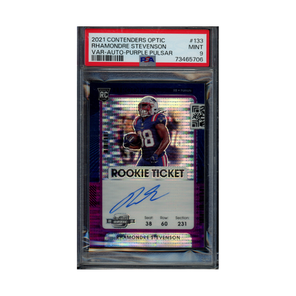 Rhamondre Stevenson 2021 Panini Contenders Optic Football Rookie Ticket Variation Purple Pulsar /21 PSA 9