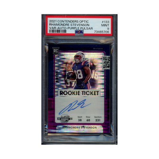 Rhamondre Stevenson 2021 Panini Contenders Optic Football Rookie Ticket Variation Purple Pulsar /21 PSA 9