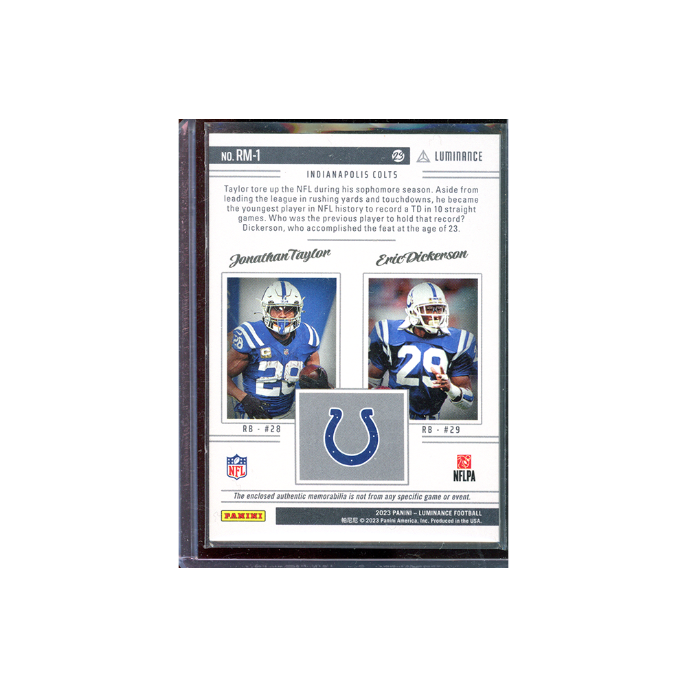 Jonathan Taylor & Eric Dickerson 2023 Panini Luminance Football Reflected Materials Dual Patch