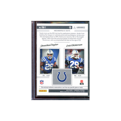 Jonathan Taylor & Eric Dickerson 2023 Panini Luminance Football Reflected Materials Dual Patch