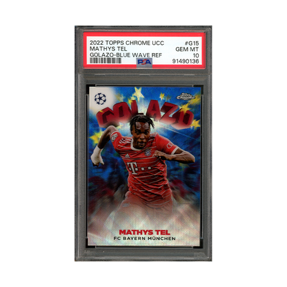 Mathys Tel 2022 Topps Chrome UCC Golazo Blue Wave Refractor /75 PSA 10