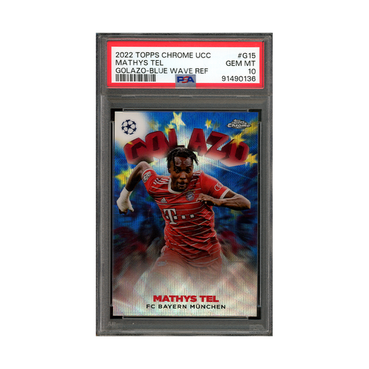 Mathys Tel 2022 Topps Chrome UCC Golazo Blue Wave Refractor /75 PSA 10