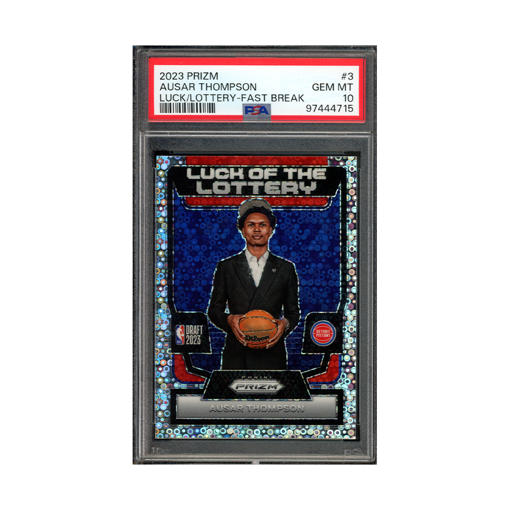 Amen Thompson 2023-24 Panini Prizm Basketball Luck of the Lottery Fast Break Prizm Rookie PSA 10