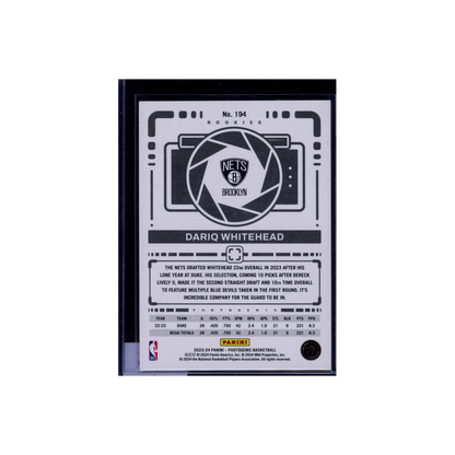 Dariq Whitehead 2023-24 Panini Photogenic Basketball Rookie /25