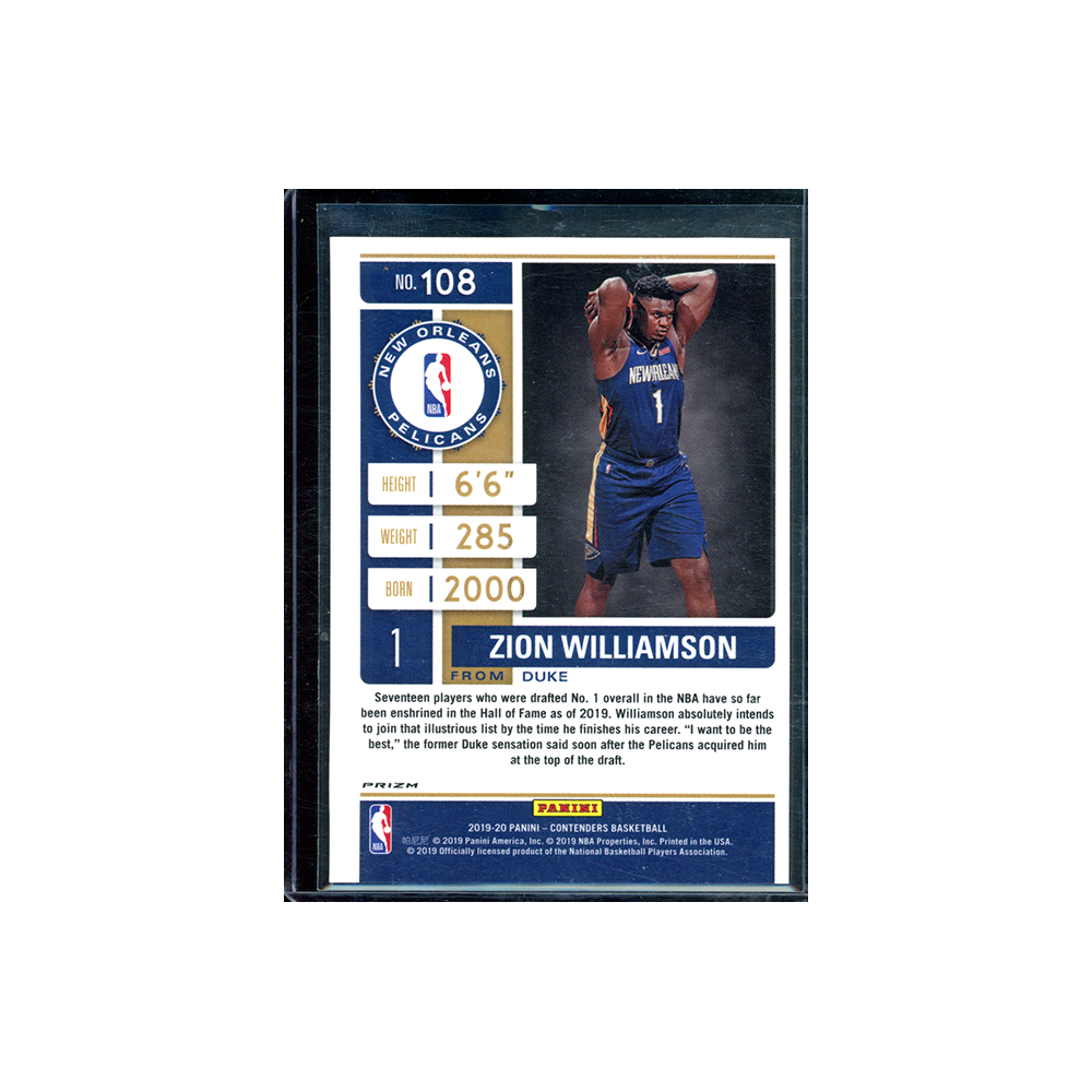 Zion Williamson 2019-20 Panini Contenders Basketball Rookie Ticket