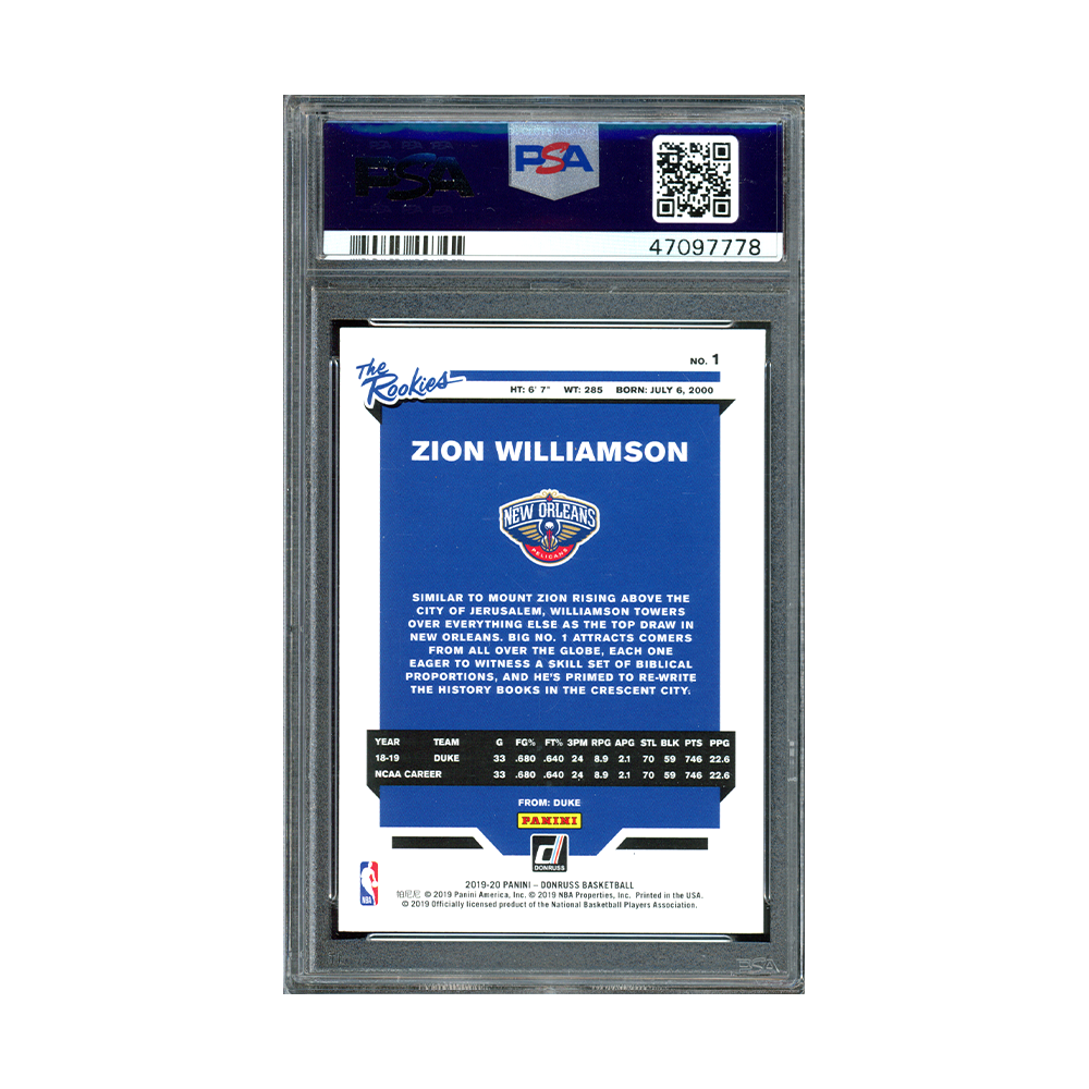 Zion Williamson 2019 Panini Donruss Basketball The Rookies PSA 9