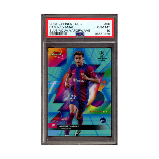Lamine Yamal 2023-24 Finest UCC Blue Aqua Vaporwave Rookie /250 PSA 10