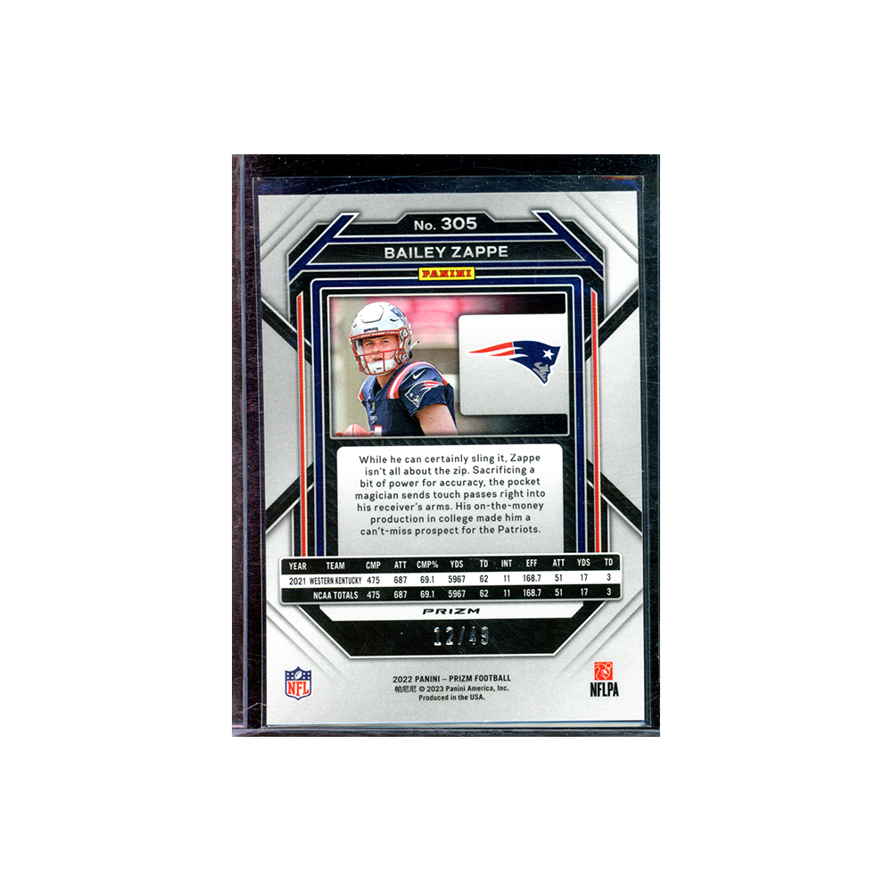 Bailey Zappe 2022 Panini Prizm Football Purple Power Prizm Rookie /49