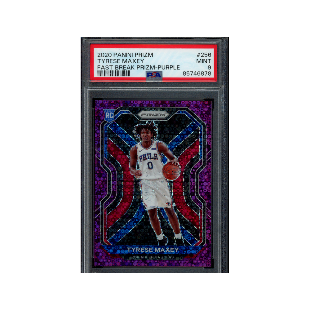 Tyrese Maxey 2020 Panini Prizm Basketball Fast Break Prizm Purple /75 PSA 9