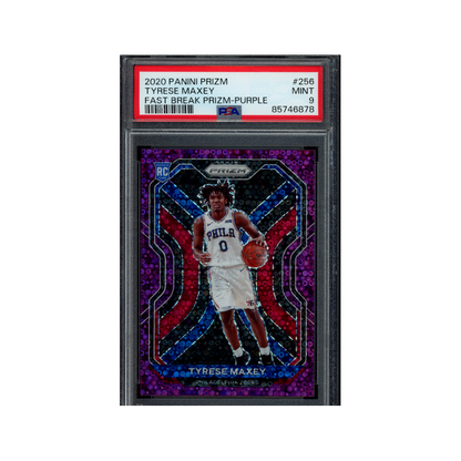 Tyrese Maxey 2020 Panini Prizm Basketball Fast Break Prizm Purple /75 PSA 9