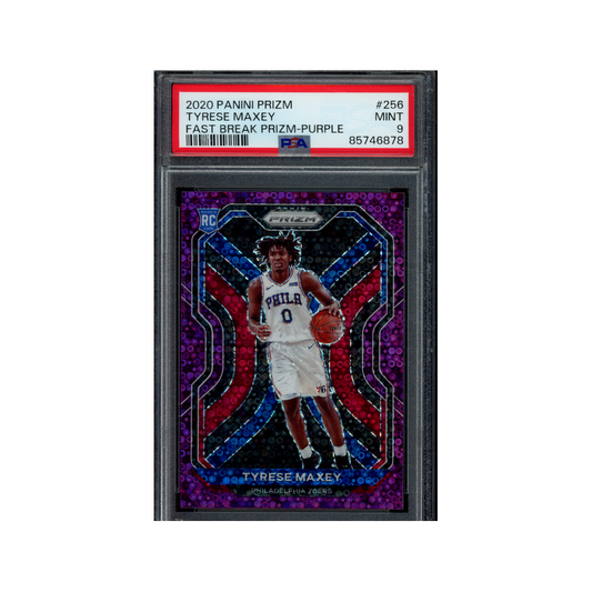 Tyrese Maxey 2020 Panini Prizm Basketball Fast Break Prizm Purple /75 PSA 9