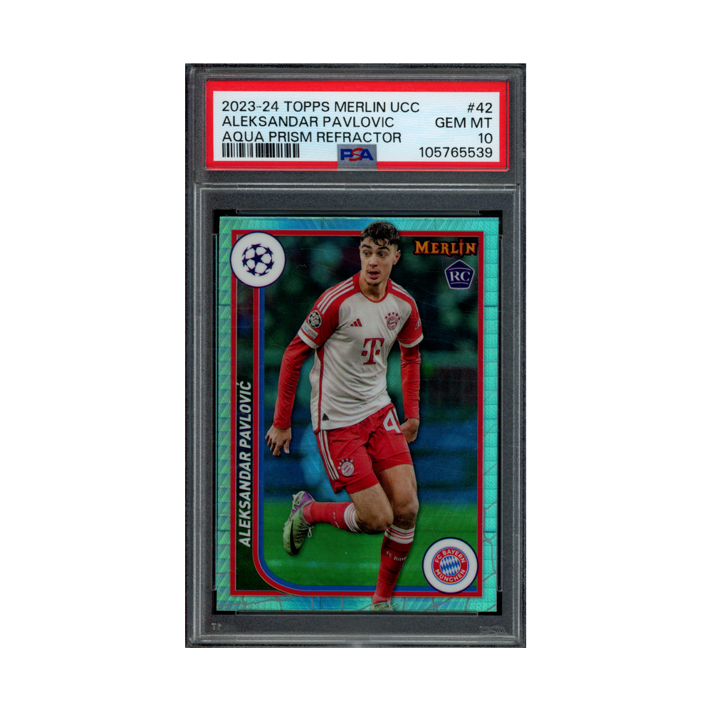 Aleksandar Pavlovic 2023-24 Topps Merlin UCC Aqua Prism Refractor Rookie PSA 10